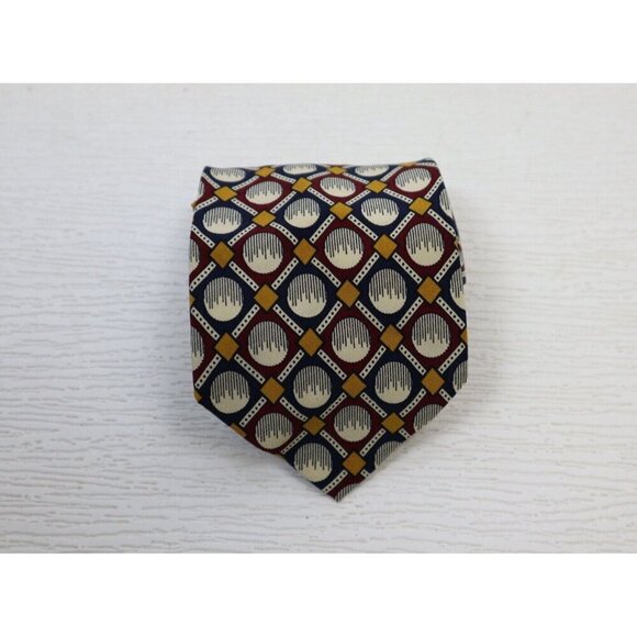 MEN'S BLUE RED CREAM GOLD GEOMETRIC PRINT 100% SILK TIE - NECK TIE - ITALY - Picture 3 of 9